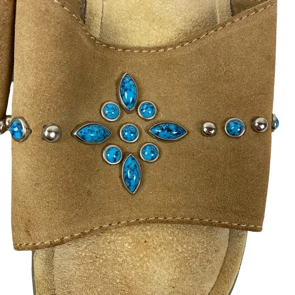 Minnetonka Tan Brown Suede Leather Slides Sandals Turquoise size 8